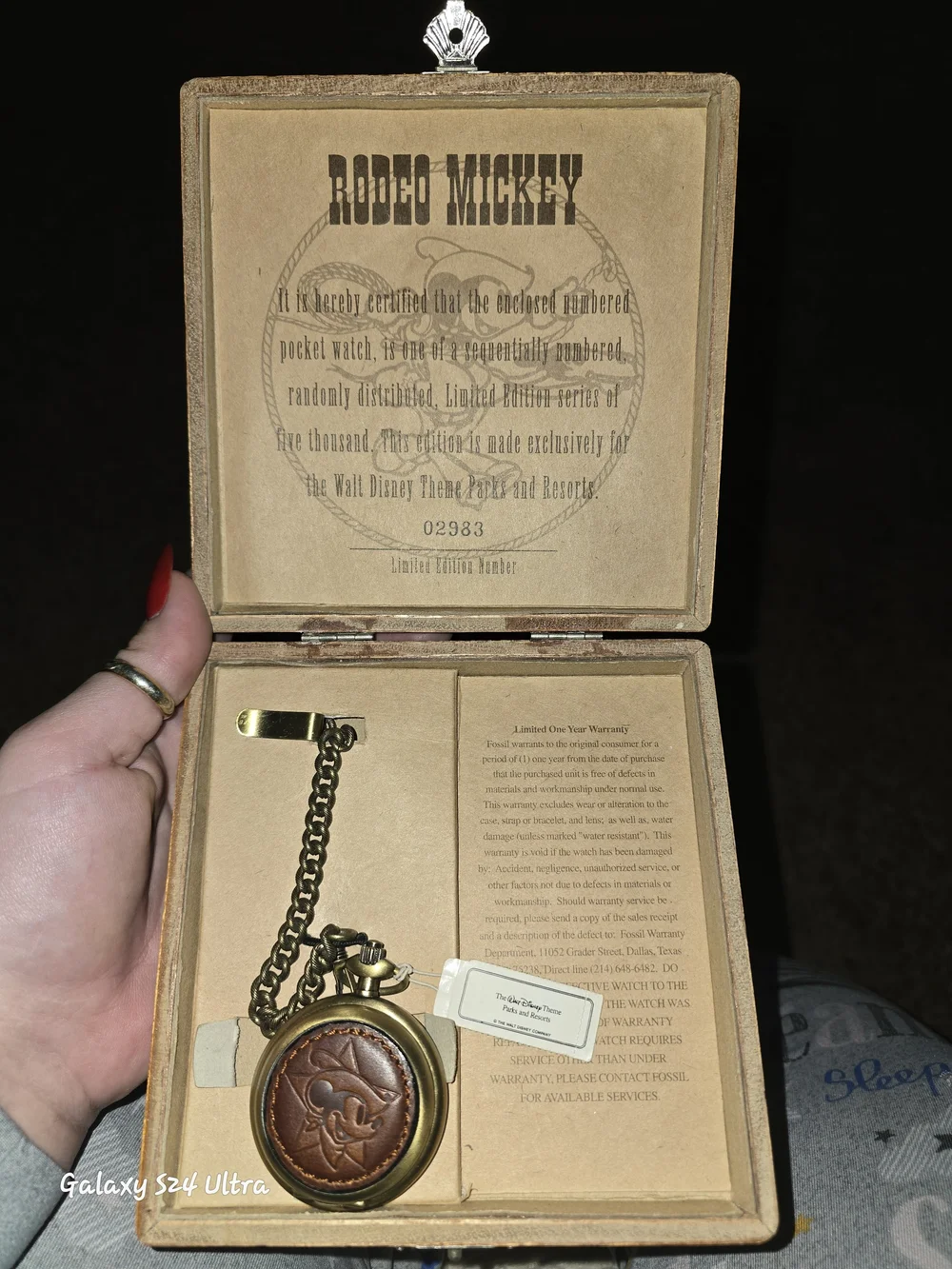 Fossil Men’s Brass Disney Pocket Watch with Brown Leather Accent Of Rodeo Mickey